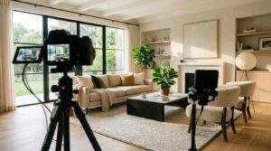 מצלמה מקצועית על חצובה מצלמת סלון מודרני ומעוצב עם ספה בהירה, שולחן קפה וחלונות ענק המשקיפים לגינה ירוקה.