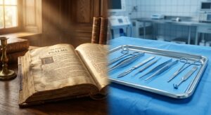 ספר תהילים פתוח באווירה חמימה לצד מגש מכשירים כירורגיים בחדר ניתוח, המייצג תפילה להצלחת ניתוח ושילוב בין אמונה לרפואה