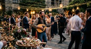 נגן מנגן מוזיקה חיה על כלי מיתר בקבלת פנים של חתונה באוויר הפתוח, תחת תאורת גירלנדות רומנטית, לצד שולחן קייטרינג עשיר ואורחים חוגגים בחצר אבן.