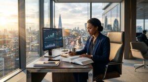 אנליסטית נתונים עסקית קוראת בספר ומנתחת גרפים פיננסיים על מסך מחשב במשרד מודרני בעל חלונות גדולים המשקיפים לנוף עירוני.