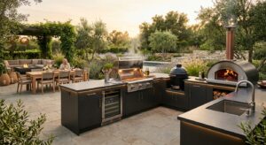 מטבח חוץ יוקרתי בצבע אפור כהה הכולל גריל גז, מעשנה, טאבון עצים, מקרר יינות וכיור, ממוקם בחצר מרווחת עם פינת אוכל, אזור ישיבה ובריכה בשעת שקיעה.