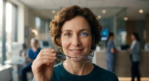 אישה מחייכת מסירה משקפיים ומציגה טכנולוגיית עין ביונית מתקדמת במרפאת עיניים מודרנית